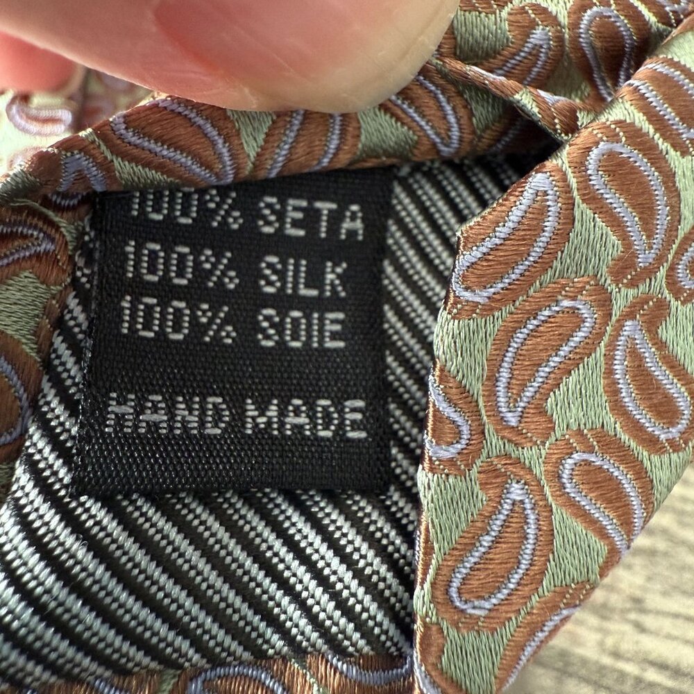 Handmade Setazone 100% Silk Tie  Brown Green Paisley Elegant Design Iridescent - Picture 7 of 14